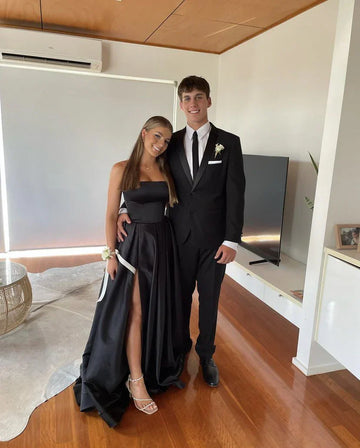 A Line Strapless Black Satin Evening Dress With Split Prom Dresses SD1715 HZ0628